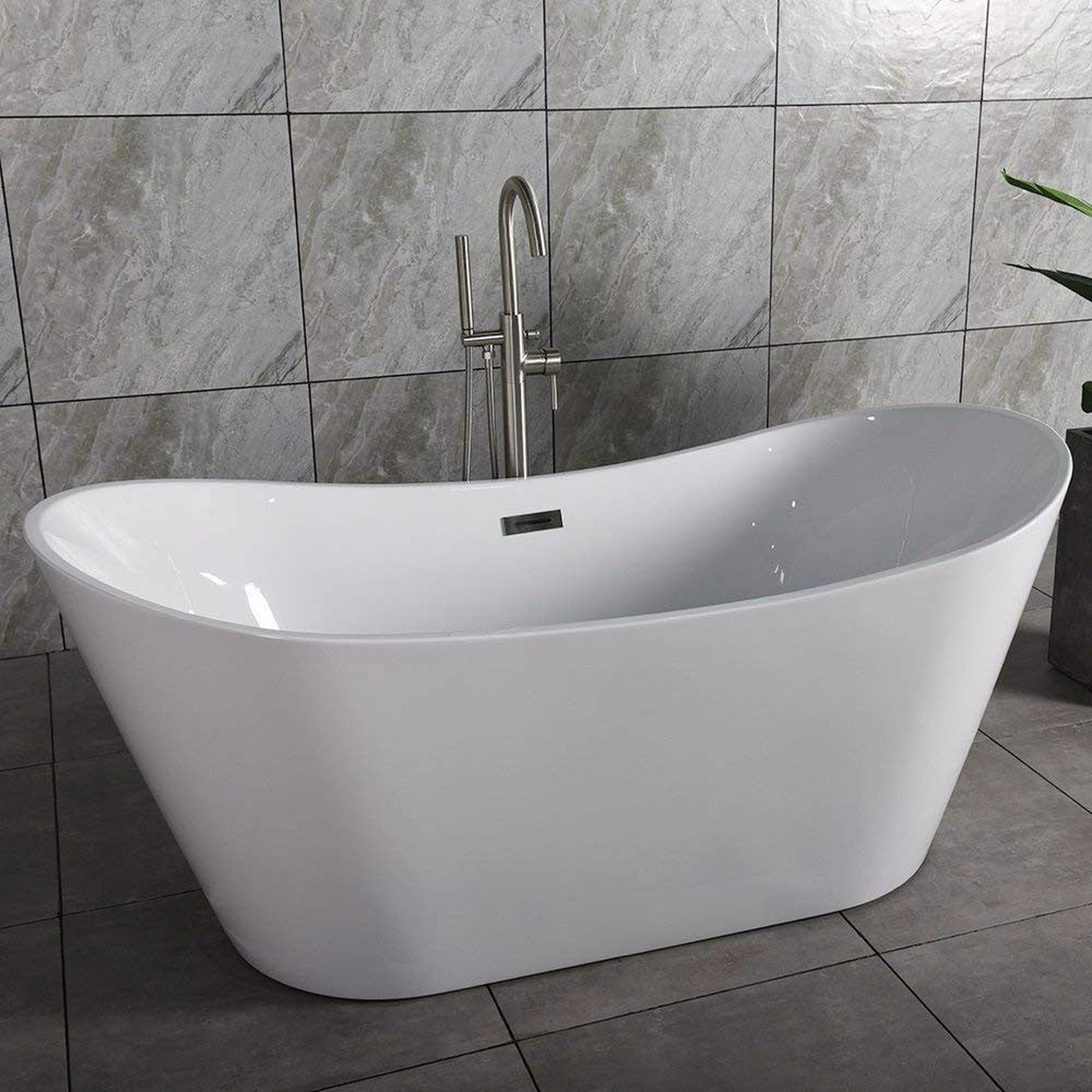WoodBridge B0010 67" White Acrylic Freestanding Contemporary Soaking Bathtub With Brushed Nickel Drain, Overflow, F0023BNVT Tub Filler and Caddy Tray