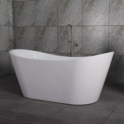 WoodBridge B0010 67" White Acrylic Freestanding Contemporary Soaking Bathtub With Brushed Nickel Drain, Overflow, F0040BN Tub Filler and Caddy Tray