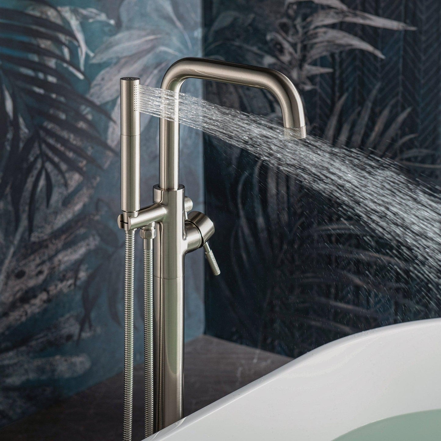 WoodBridge B1702 54" White Acrylic Freestanding Soaking Bathtub With Brushed Nickel Drain, Overflow, F0070BNDR Tub Filler and Caddy Tray