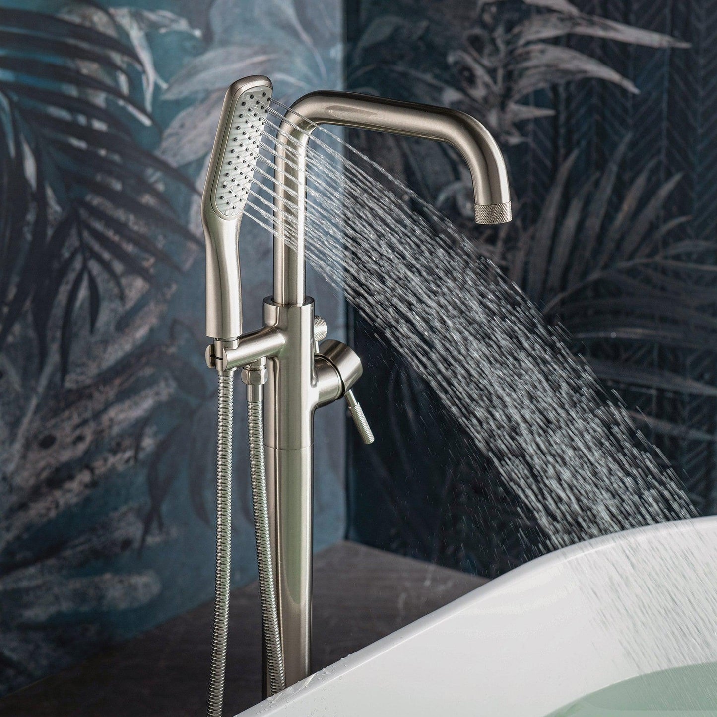 WoodBridge B1702 54" White Acrylic Freestanding Soaking Bathtub With Brushed Nickel Drain, Overflow, F0070BNSQ Tub Filler and Caddy Tray