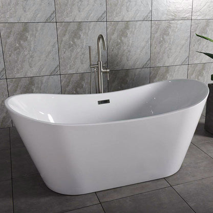 WoodBridge B0010 67" White Acrylic Freestanding Contemporary Soaking Bathtub With Brushed Nickel Drain and Overflow