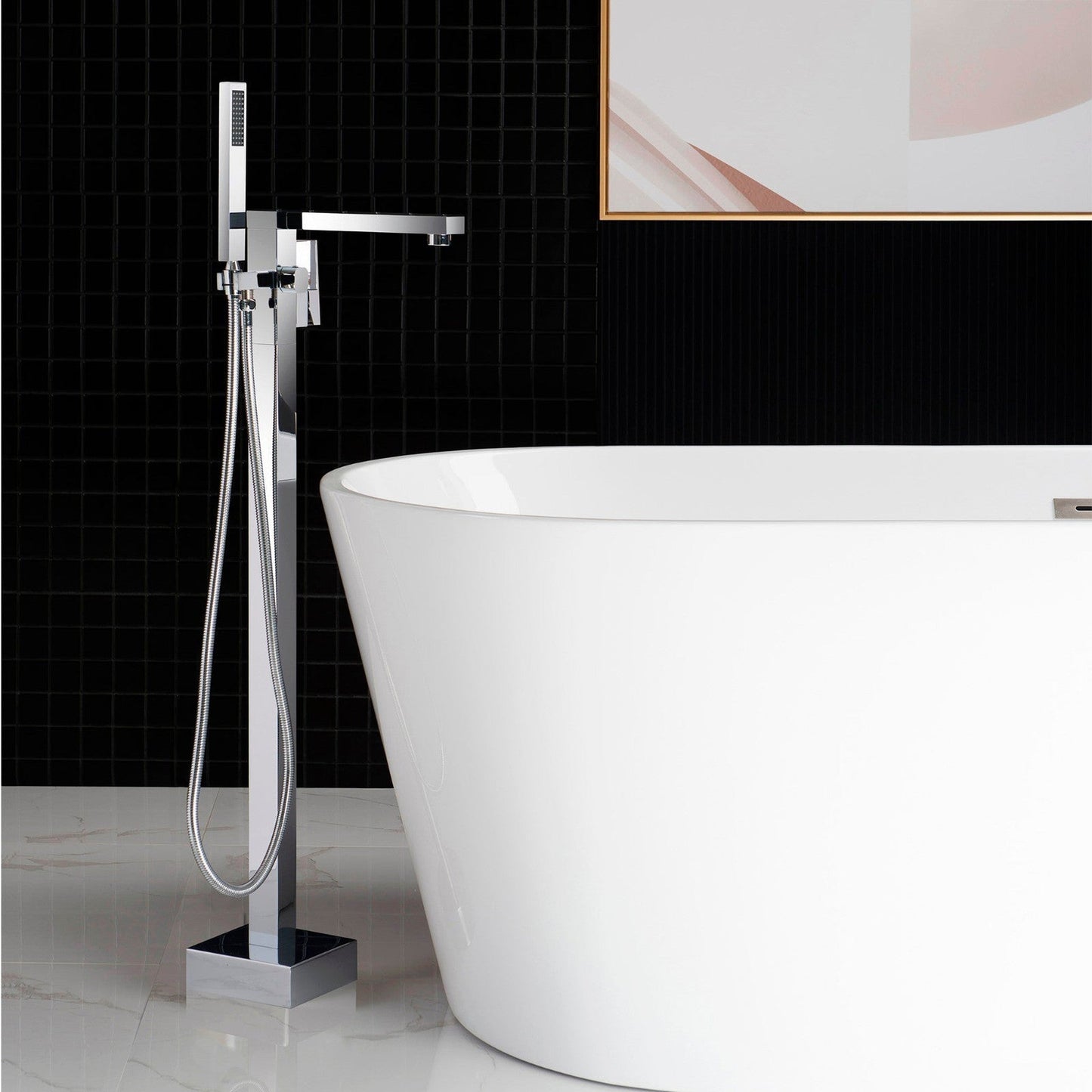 WoodBridge B1702 54" White Acrylic Freestanding Soaking Bathtub With Chrome Drain, Overflow, F-0004 Tub Filler and Caddy Tray