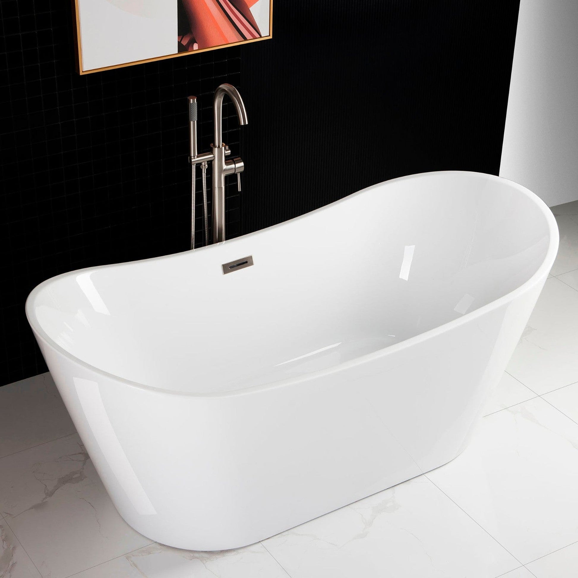 WoodBridge B0010 67" White Acrylic Freestanding Contemporary Soaking Bathtub With Chrome Drain, Overflow, F-0004 Tub Filler and Caddy Tray