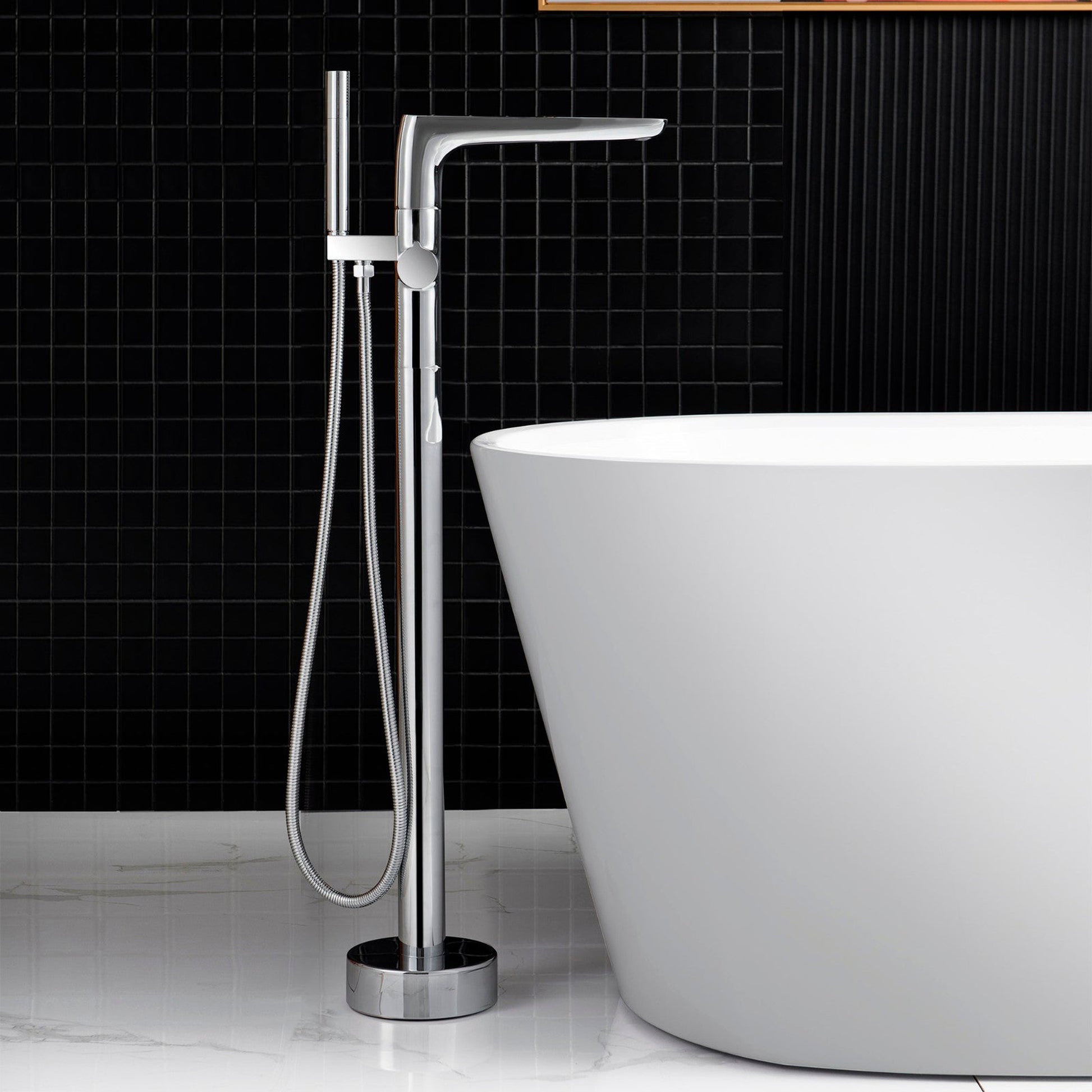 WoodBridge B1702 54" White Acrylic Freestanding Soaking Bathtub With Chrome Drain, Overflow, F-0013 Tub Filler and Caddy Tray