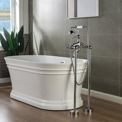 WoodBridge B0064 59" White Acrylic Freestanding Contemporary Soaking Bathtub With Chrome Overflow, Drain, F-0017CH Tub Filler and Caddy Tray