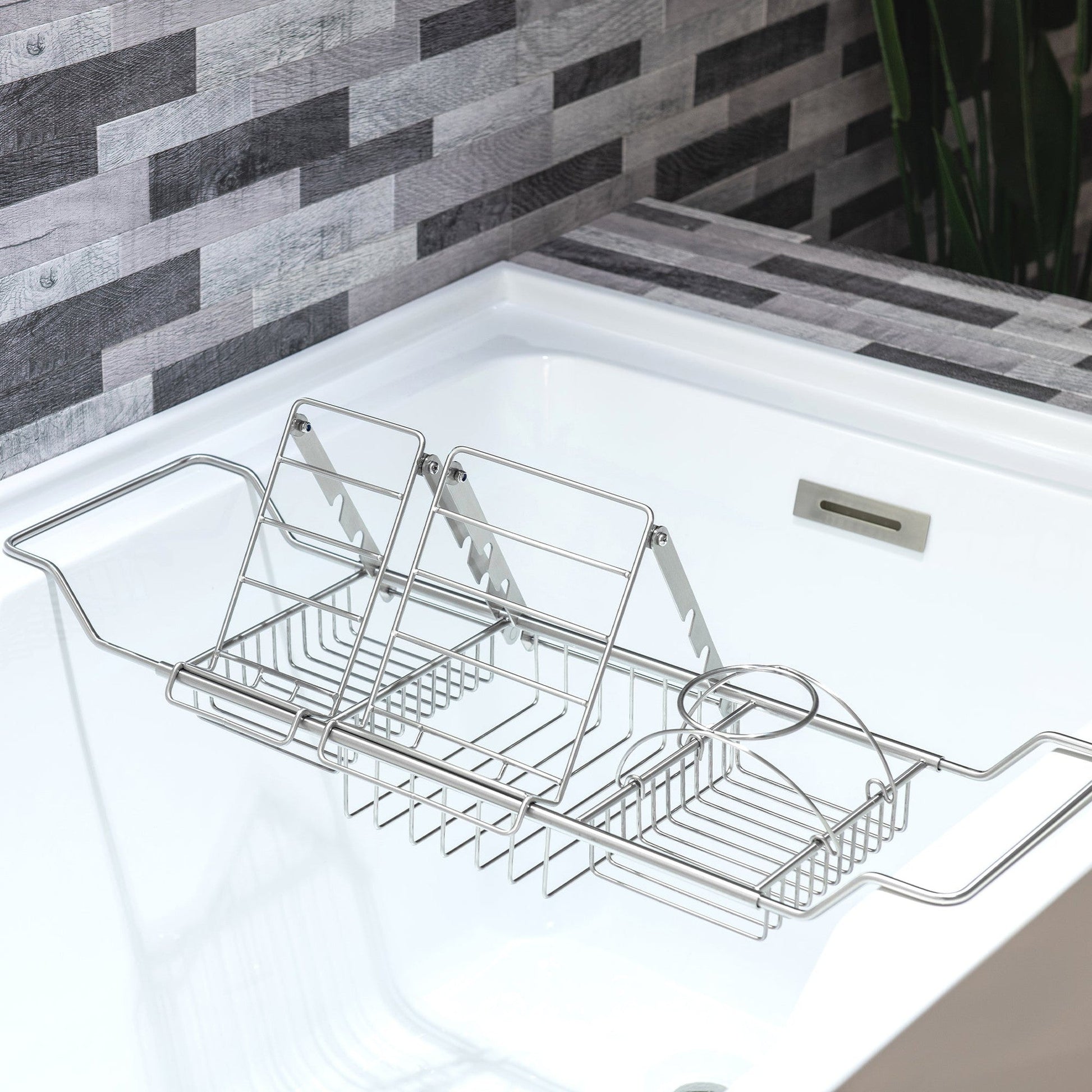WoodBridge B1702 54" White Acrylic Freestanding Soaking Bathtub With Chrome Drain, Overflow, F0071CHSQ Tub Filler and Caddy Tray