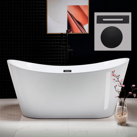 WoodBridge B0010 67" White Acrylic Freestanding Contemporary Soaking Bathtub With Matte Black Drain, Overflow, F0006MBVT Tub Filler and Caddy Tray