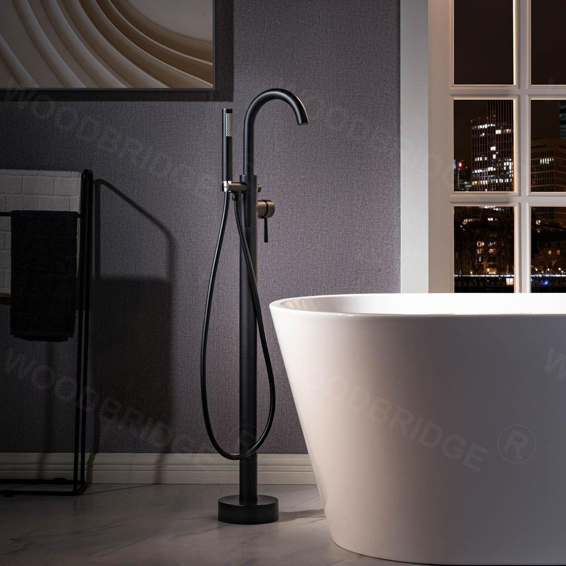 WoodBridge B1702 54" White Acrylic Freestanding Soaking Bathtub With Matte Black Drain, Overflow, F0025MBRD Tub Filler and Caddy Tray