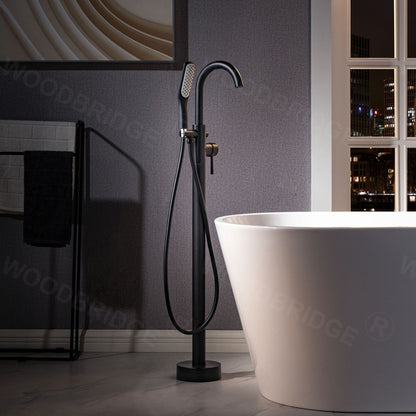 WoodBridge B0064 59" White Acrylic Freestanding Contemporary Soaking Bathtub With Matte Black Overflow, Drain, F0025MBSQ Tub Filler and Caddy Tray