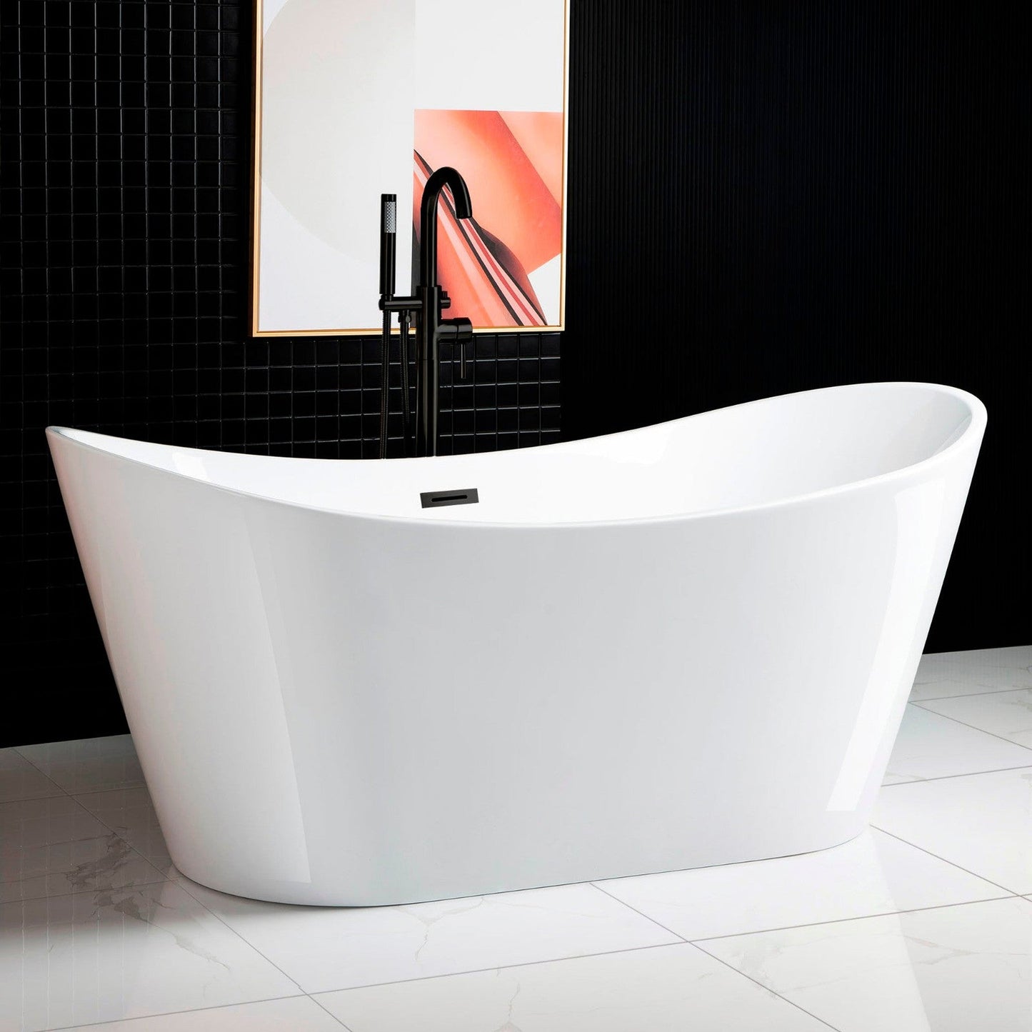 WoodBridge B0010 67" White Acrylic Freestanding Contemporary Soaking Bathtub With Matte Black Drain, Overflow, F0025MBSQ Tub Filler and Caddy Tray