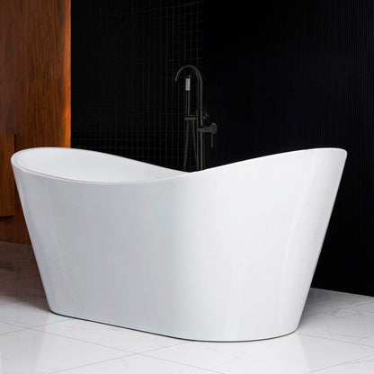 WoodBridge B0010 67" White Acrylic Freestanding Contemporary Soaking Bathtub With Matte Black Drain, Overflow, F0025MBVT Tub Filler and Caddy Tray