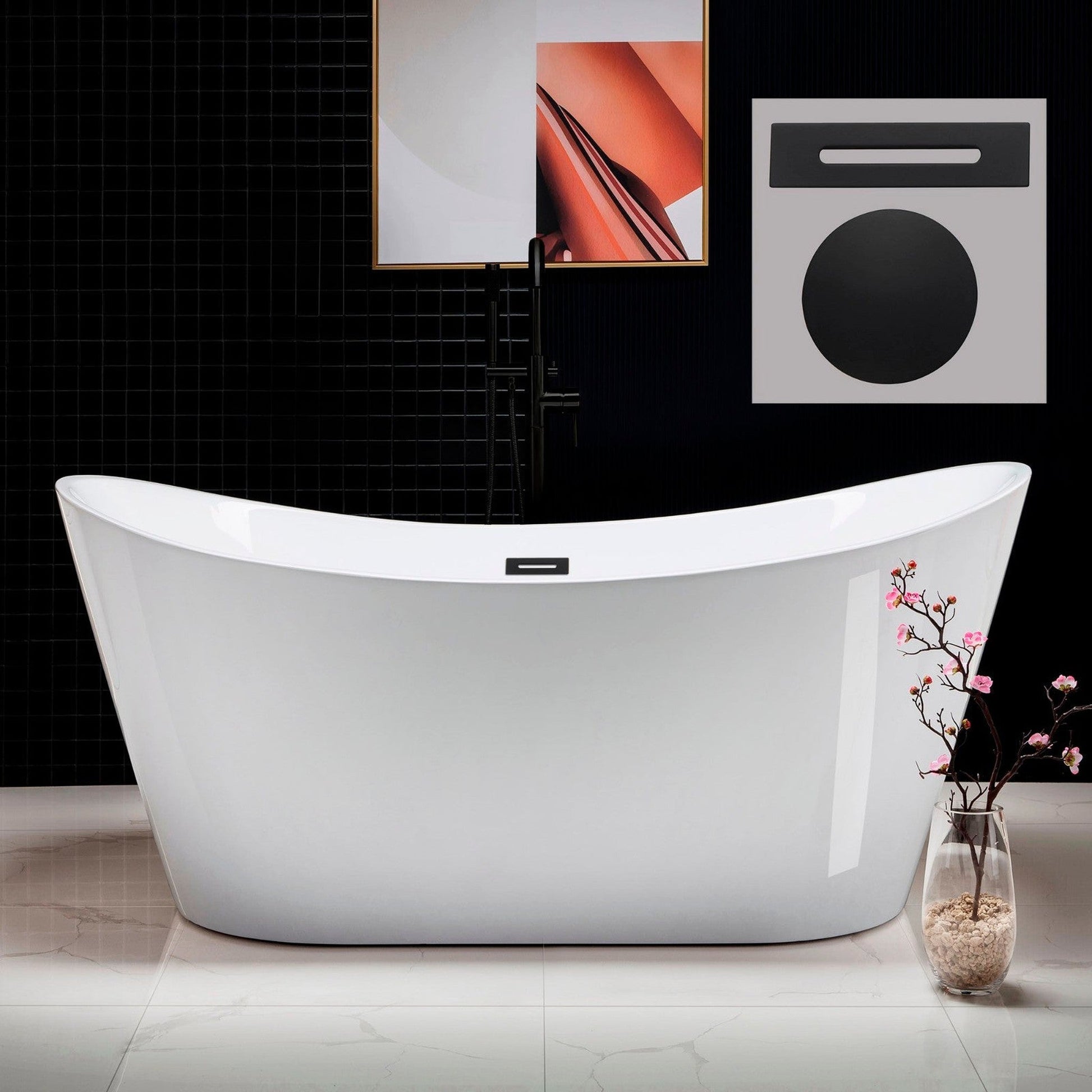 WoodBridge B0010 67" White Acrylic Freestanding Contemporary Soaking Bathtub With Matte Black Drain, Overflow, F0072MBSQ Tub Filler and Caddy Tray
