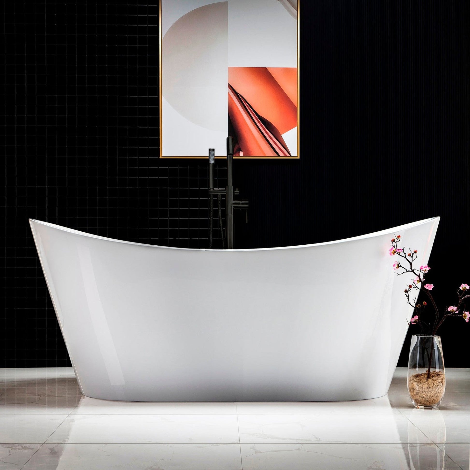 WoodBridge B0010 67" White Acrylic Freestanding Contemporary Soaking Bathtub With Matte Black Drain and Overflow