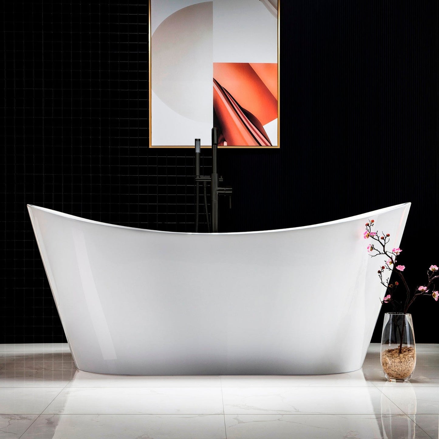 WoodBridge B0010 67" White Acrylic Freestanding Contemporary Soaking Bathtub With Oil Rubbed Bronze Drain and Overflow