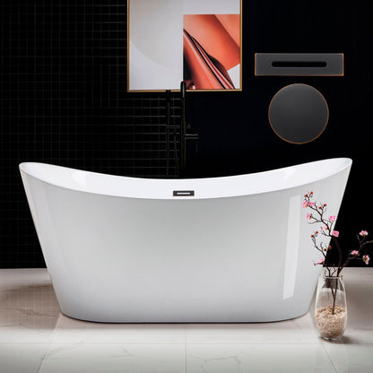 WoodBridge B0010 67" White Acrylic Freestanding Contemporary Soaking Bathtub With Oil Rubbed Bronze Drain and Overflow