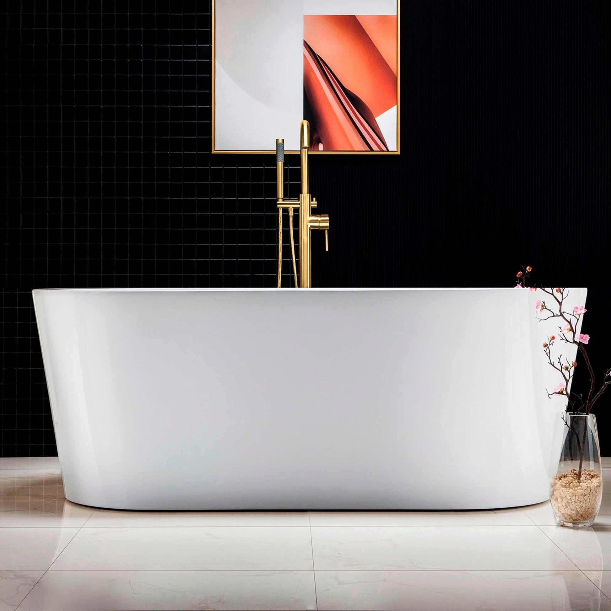 WoodBridge B0012 59" White Acrylic Freestanding Soaking Bathtub With Brushed Gold Drain, Overflow, F0073BGVT Tub Filler and Caddy Tray