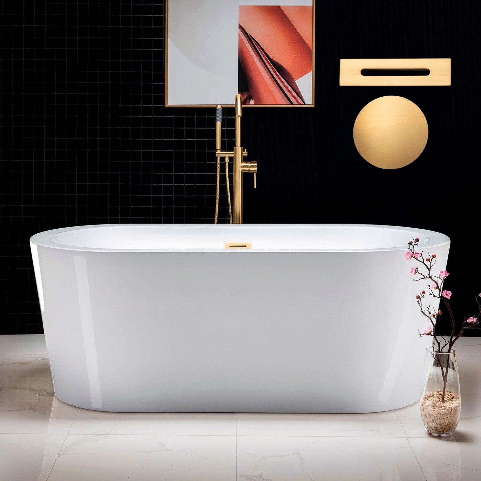 WoodBridge B0012 59" White Acrylic Freestanding Soaking Bathtub With Brushed Gold Drain, Overflow, F0073BGVT Tub Filler and Caddy Tray