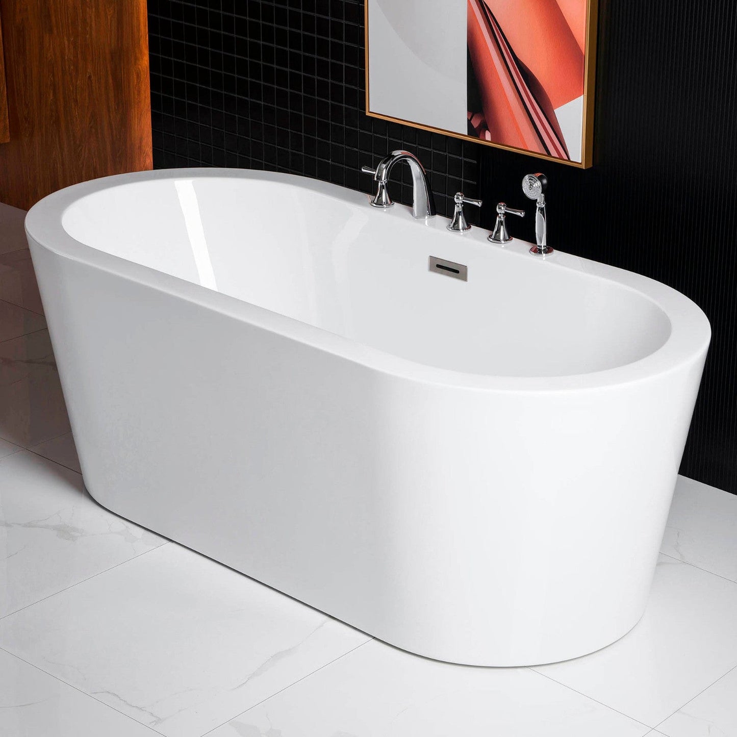 WoodBridge B0012 59" White Acrylic Freestanding Soaking Bathtub With Brushed Nickel Drain, Overflow, F0022 Tub Filler and Caddy Tray