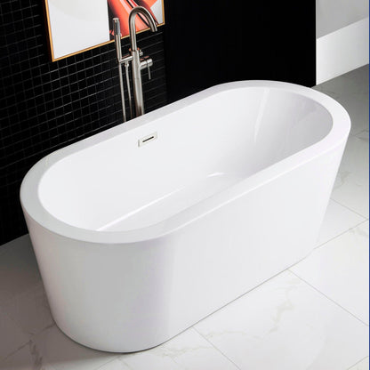WoodBridge B0012 59" White Acrylic Freestanding Soaking Bathtub With Brushed Nickel Drain, Overflow, F0022 Tub Filler and Caddy Tray
