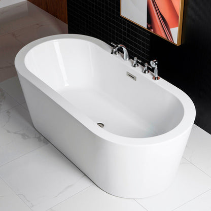 WoodBridge B0012 59" White Acrylic Freestanding Soaking Bathtub With Brushed Nickel Drain, Overflow, F0022 Tub Filler and Caddy Tray