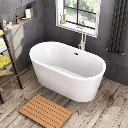 WoodBridge B0012 59" White Acrylic Freestanding Soaking Bathtub With Brushed Nickel Drain and Overflow