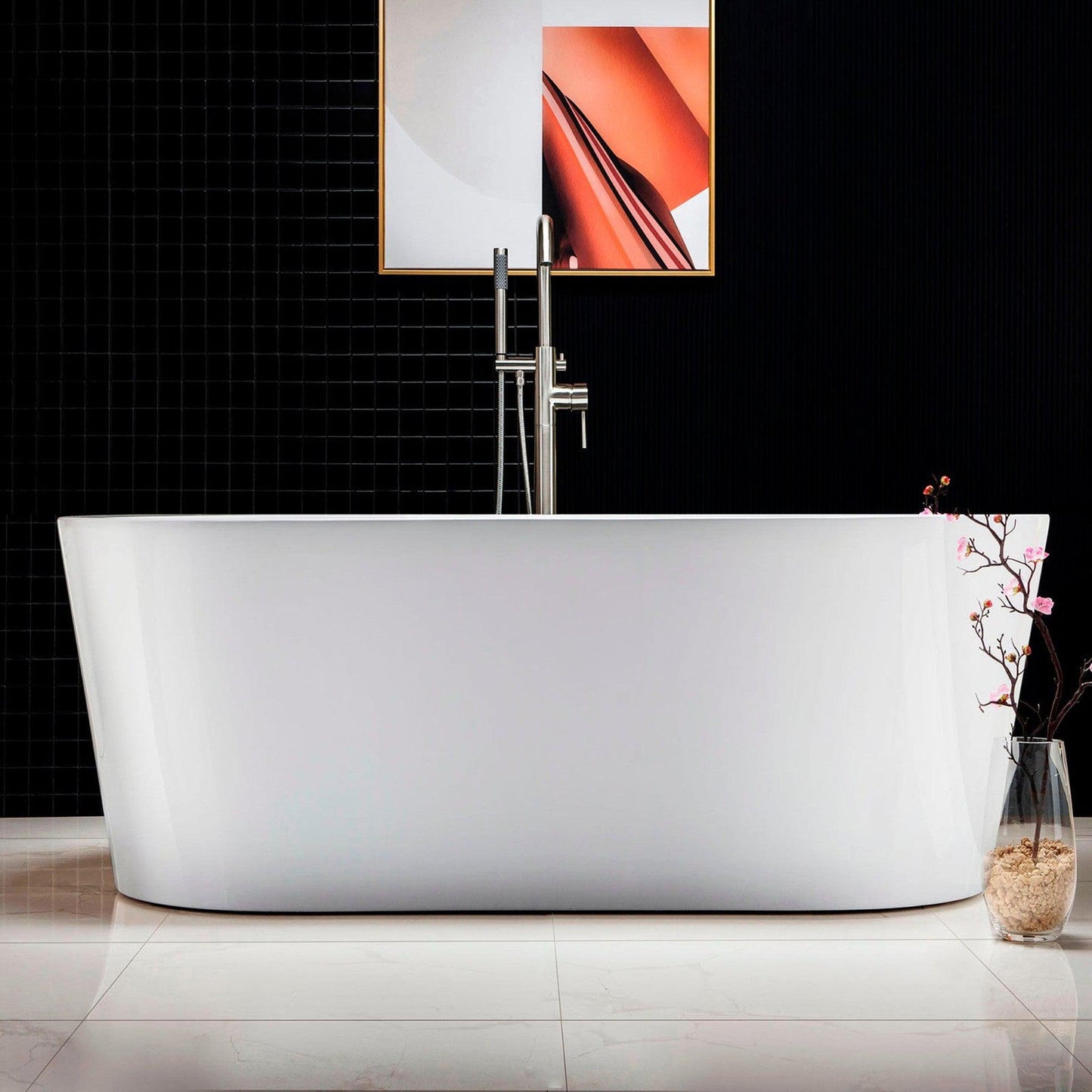 WoodBridge B0012 59" White Acrylic Freestanding Soaking Bathtub With Brushed Nickel Drain and Overflow