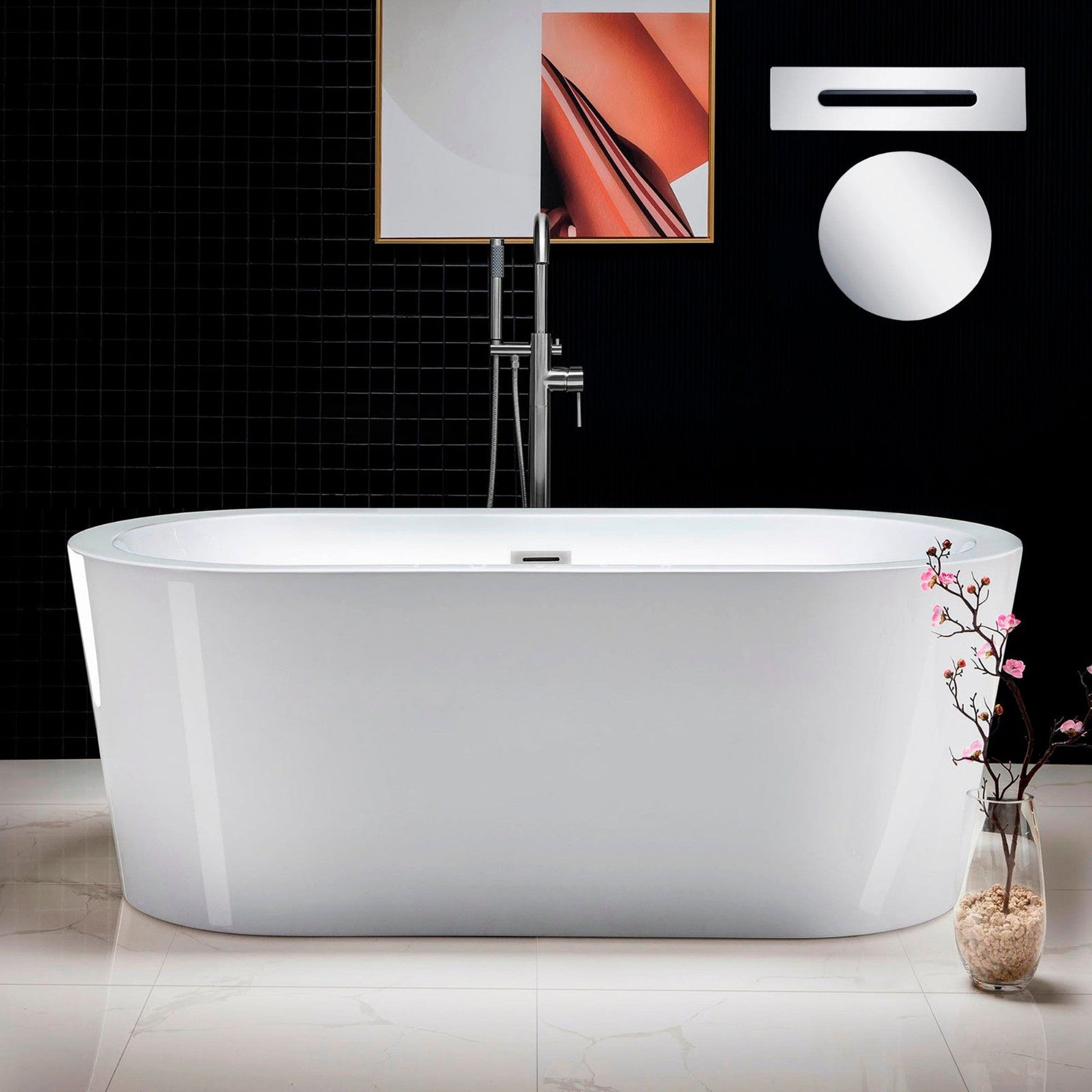 WoodBridge B0012 59" White Acrylic Freestanding Soaking Bathtub With Chrome Drain, Overflow, F0021 Tub Filler and Caddy Tray