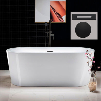 WoodBridge B0012 59" White Acrylic Freestanding Soaking Bathtub With Matte Black Drain, Overflow, F0009 Tub Filler and Caddy Tray