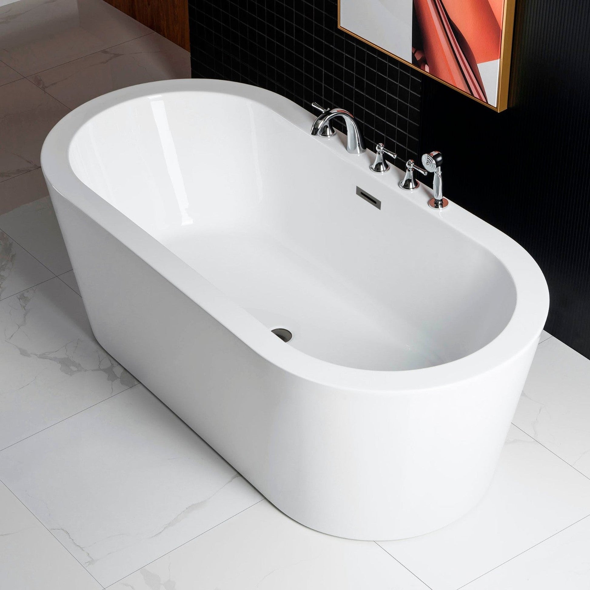 WoodBridge B0012 59" White Acrylic Freestanding Soaking Bathtub With Matte Black Drain, Overflow, F0072MBVT Tub Filler and Caddy Tray