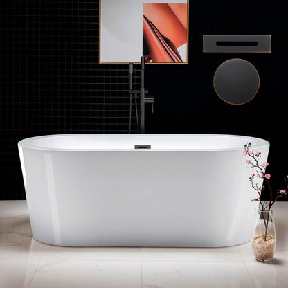 WoodBridge B0012 59" White Acrylic Freestanding Soaking Bathtub With Oil Rubbed Bronze Drain and Overflow