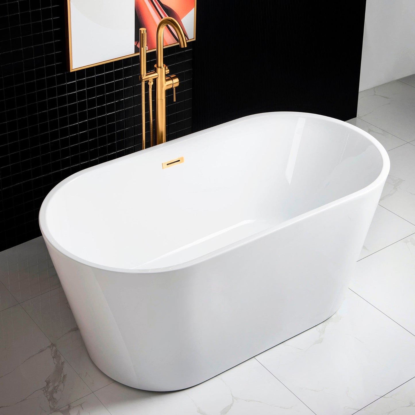 WoodBridge B0014 59" White Acrylic Freestanding Soaking Bathtub With Brushed Gold Drain, Overflow, F-0007BGRD Tub Filler and Caddy Tray