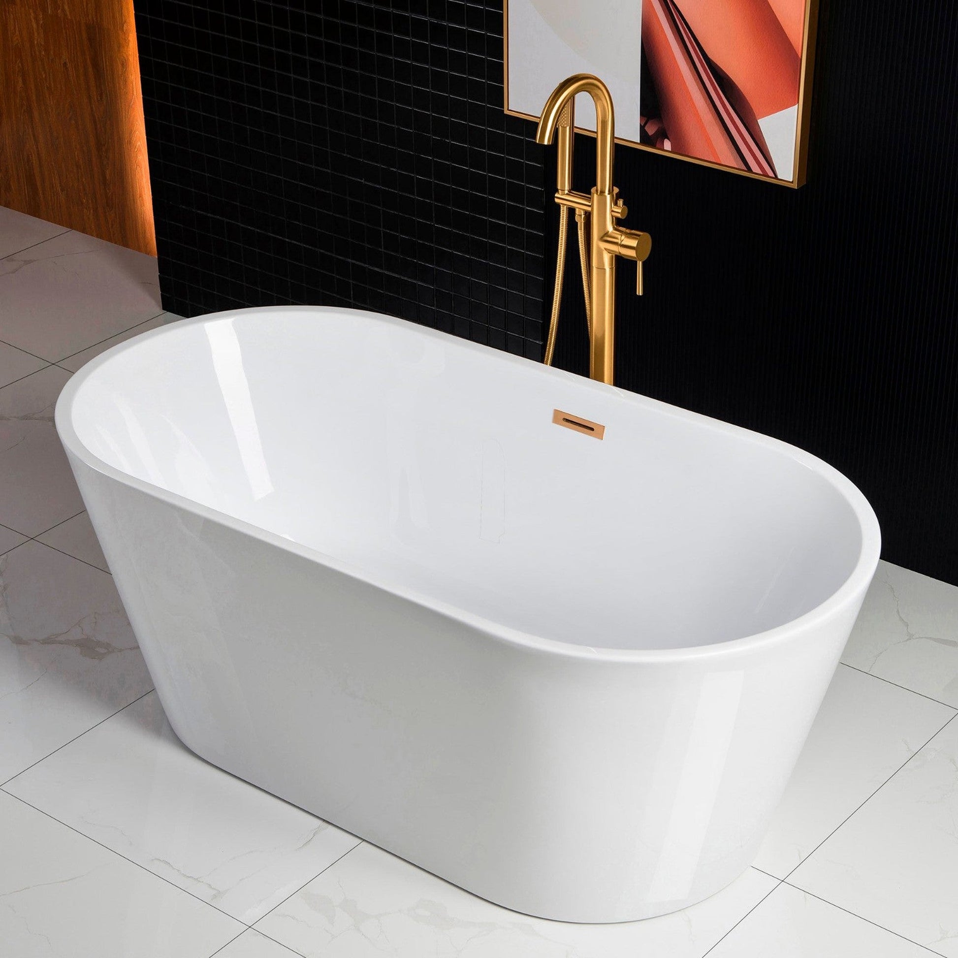 WoodBridge B0014 59" White Acrylic Freestanding Soaking Bathtub With Brushed Gold Drain, Overflow, F-0007BGRD Tub Filler and Caddy Tray
