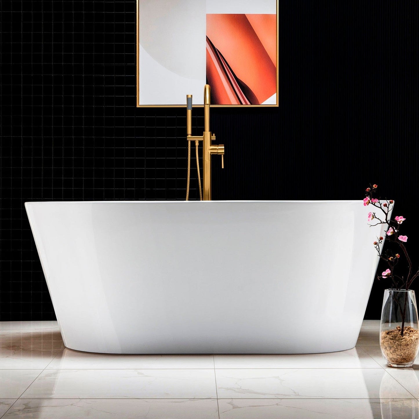 WoodBridge B0014 59" White Acrylic Freestanding Soaking Bathtub With Brushed Gold Drain, Overflow, F-0007BGVT Tub Filler and Caddy Tray