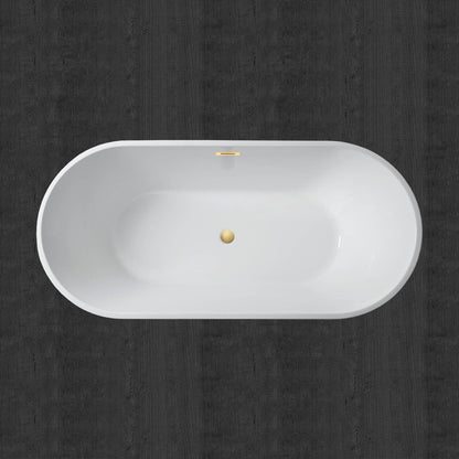 WoodBridge B0014 59" White Acrylic Freestanding Soaking Bathtub With Brushed Gold Drain, Overflow, F0039BG Tub Filler and Caddy Tray