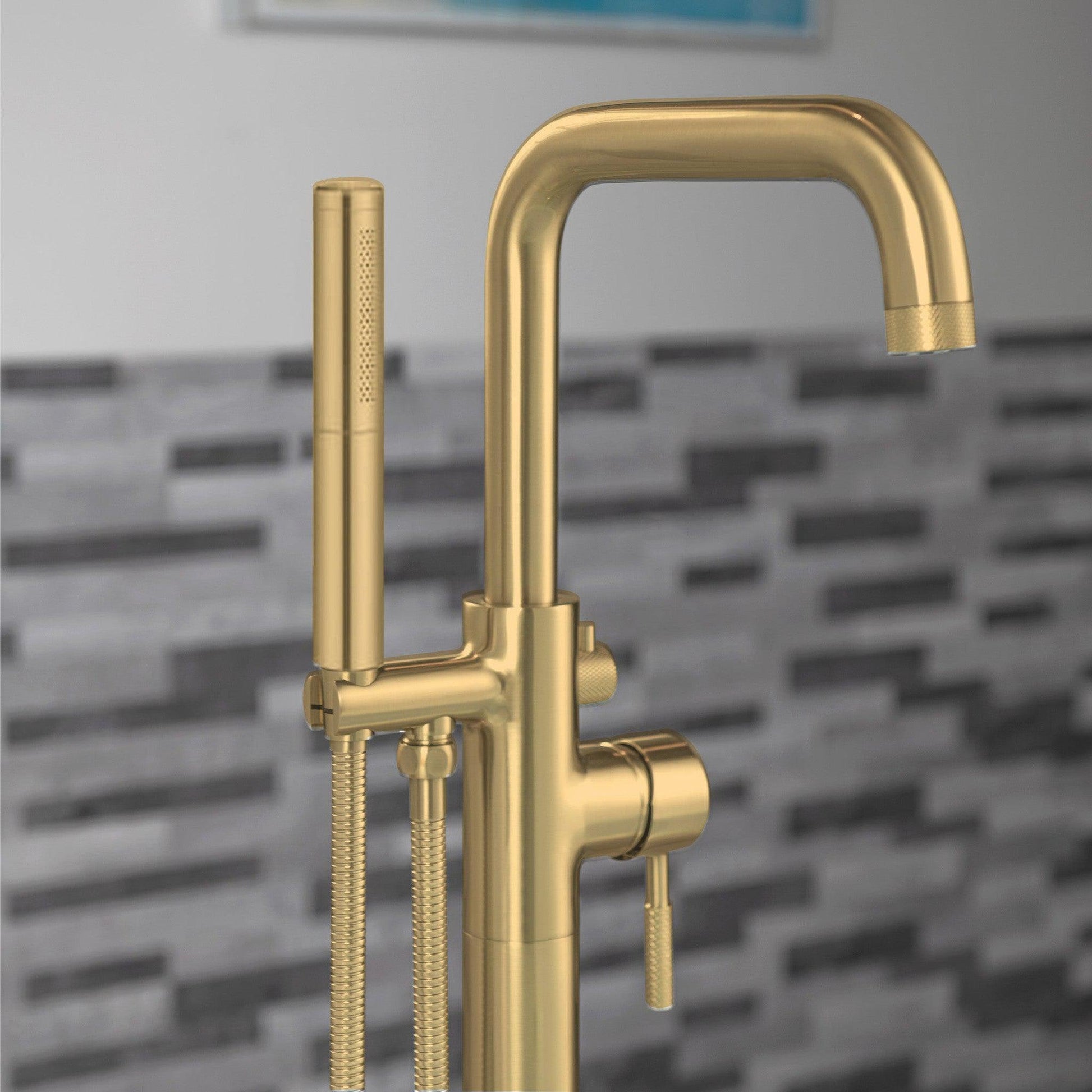 WoodBridge F0073BGDR Brushed Gold Contemporary Single Handle Floor Mount Freestanding Tub Filler Faucet With 2-Function Cylinder Style Hand Shower