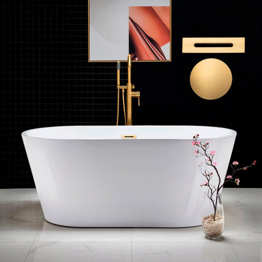 WoodBridge B0014 59" White Acrylic Freestanding Soaking Bathtub With Brushed Gold Drain, Overflow, F0073BGVT Tub Filler and Caddy Tray