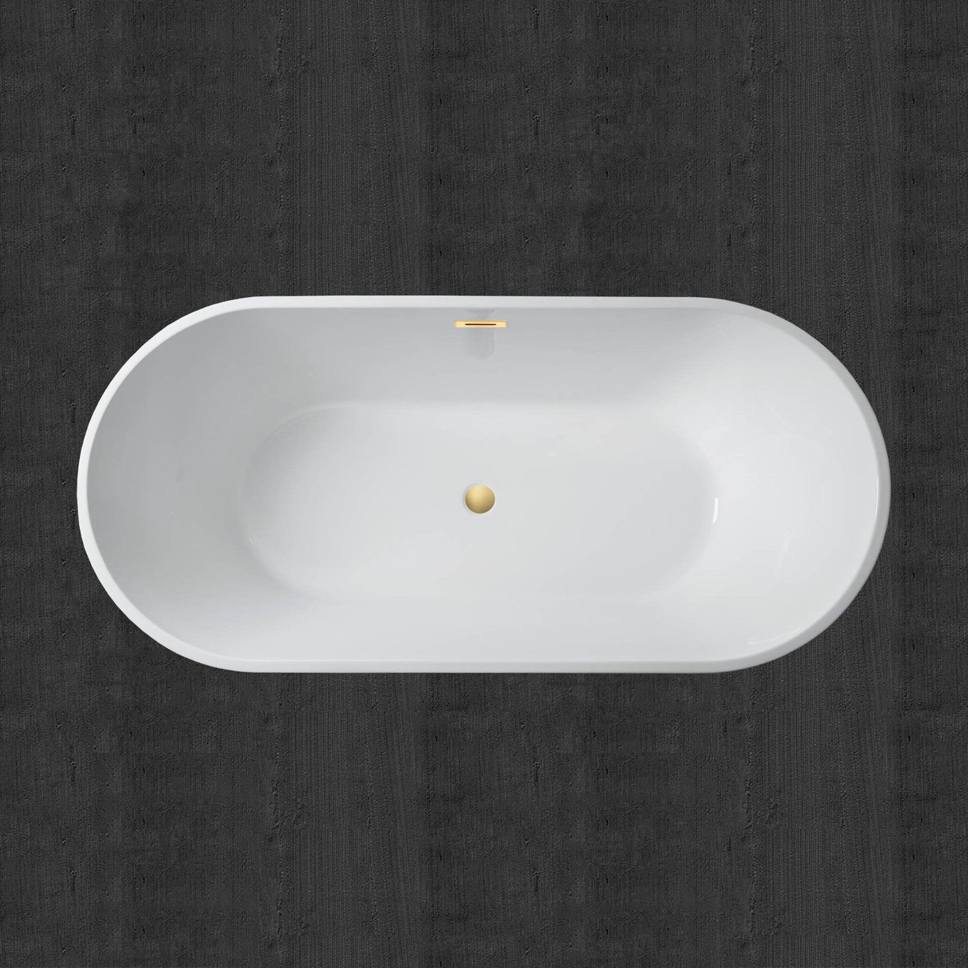 WoodBridge B0014 59" White Acrylic Freestanding Soaking Bathtub With Brushed Gold Drain and Overflow