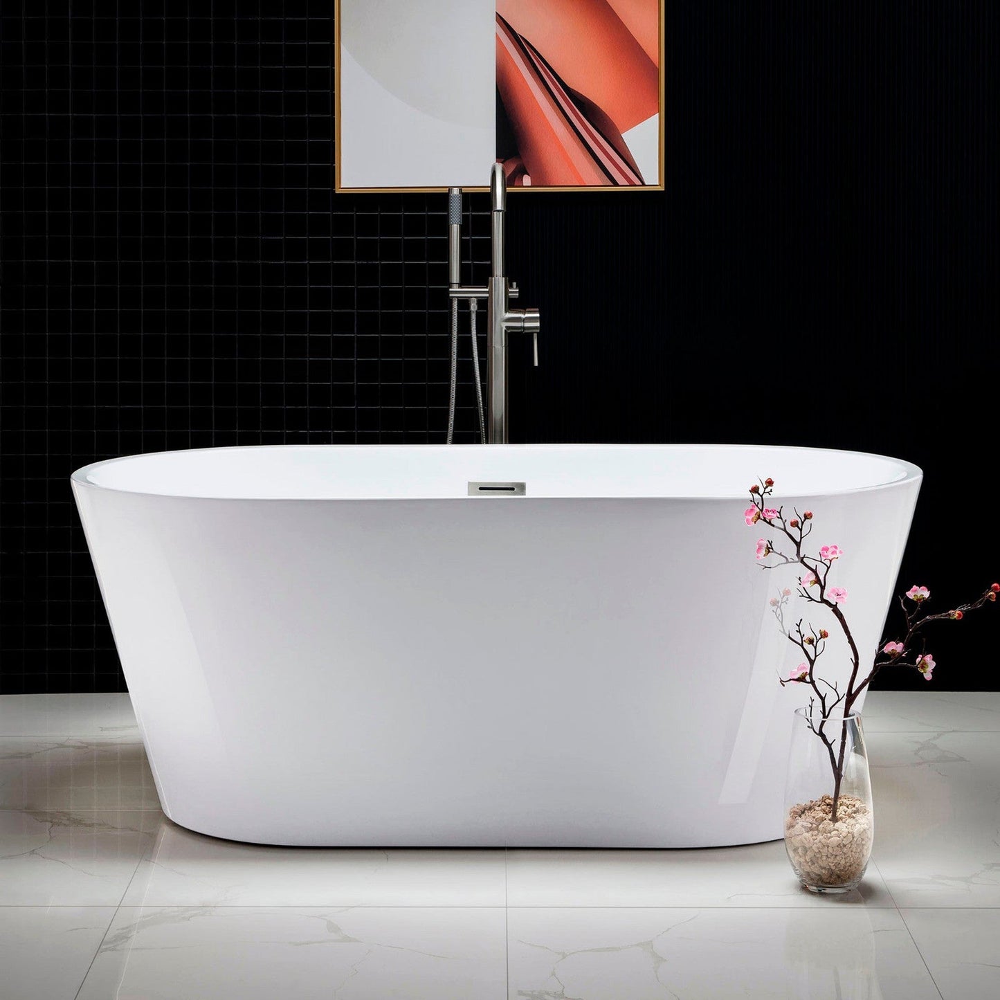 WoodBridge B0014 59" White Acrylic Freestanding Soaking Bathtub With Brushed Nickel Drain, Overflow, F-0014 Tub Filler and Caddy Tray