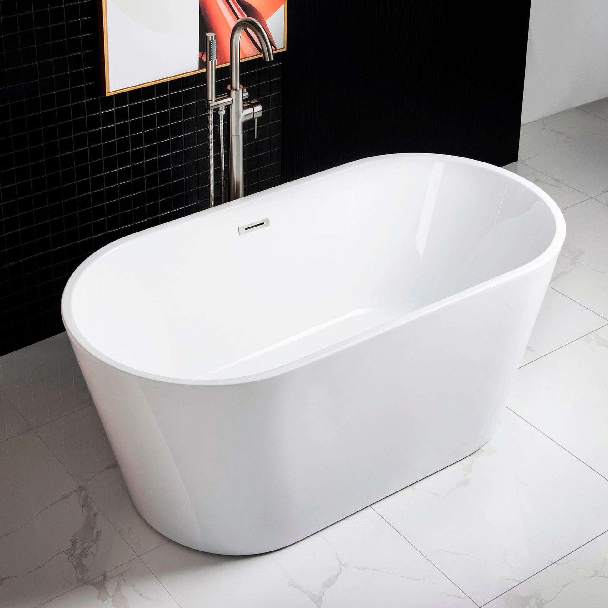 WoodBridge B0014 59" White Acrylic Freestanding Soaking Bathtub With Brushed Nickel Drain, Overflow, F0023BNRD Tub Filler and Caddy Tray