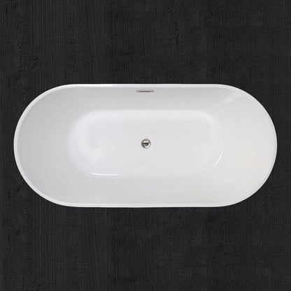 WoodBridge B0014 59" White Acrylic Freestanding Soaking Bathtub With Brushed Nickel Drain, Overflow, F0023BNSQ Tub Filler and Caddy Tray