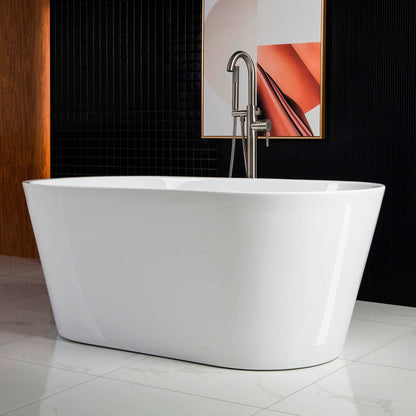 WoodBridge B0014 59" White Acrylic Freestanding Soaking Bathtub With Brushed Nickel Drain, Overflow, F0023BNVT Tub Filler and Caddy Tray