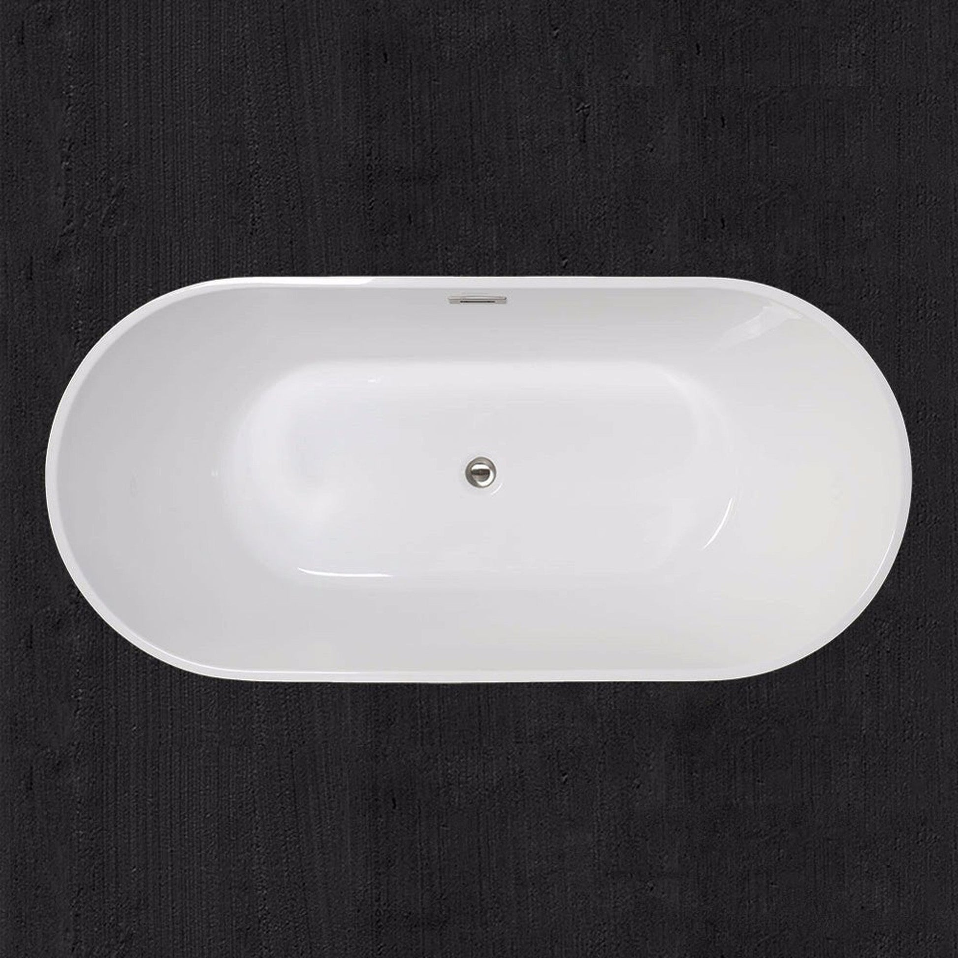 WoodBridge B0014 59" White Acrylic Freestanding Soaking Bathtub With Brushed Nickel Drain, Overflow, F0023BNVT Tub Filler and Caddy Tray