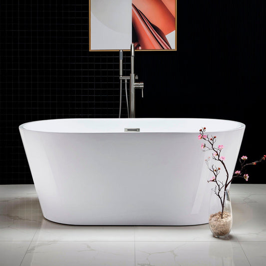 WoodBridge B0014 59" White Acrylic Freestanding Soaking Bathtub With Brushed Nickel Drain, Overflow, F0070BNVT Tub Filler and Caddy Tray