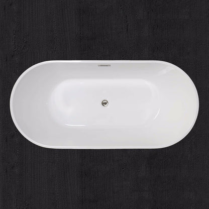 WoodBridge B0014 59" White Acrylic Freestanding Soaking Bathtub With Brushed Nickel Drain and Overflow