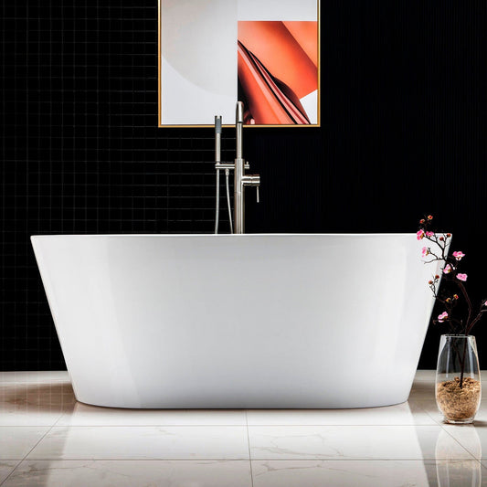 WoodBridge B0014 59" White Acrylic Freestanding Soaking Bathtub With Chrome Drain, Overflow, F-0004 Tub Filler and Caddy Tray