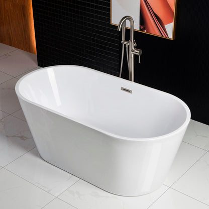WoodBridge B0014 59" White Acrylic Freestanding Soaking Bathtub With Chrome Drain, Overflow, F0002CHRD Tub Filler and Caddy Tray