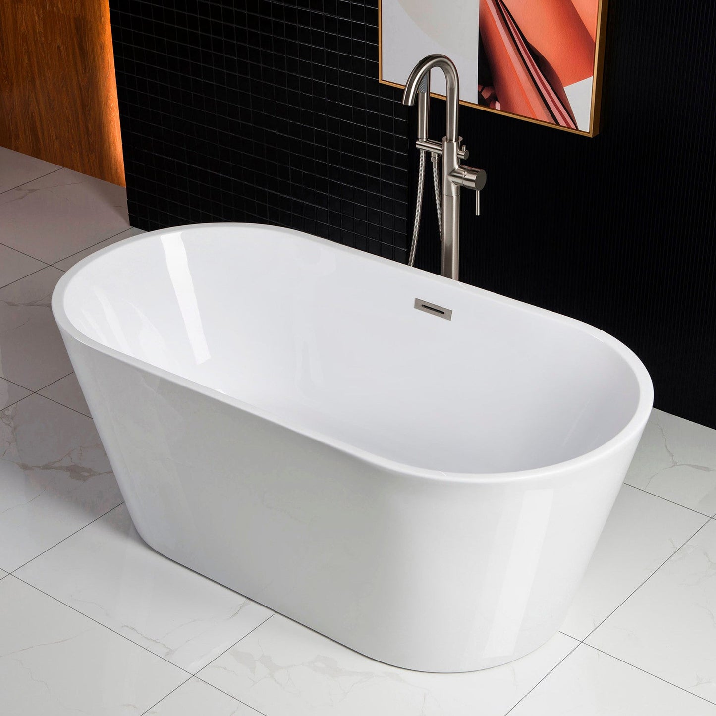 WoodBridge B0014 59" White Acrylic Freestanding Soaking Bathtub With Chrome Drain and Overflow