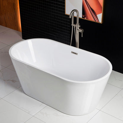 WoodBridge B0014 59" White Acrylic Freestanding Soaking Bathtub With Chrome Drain and Overflow