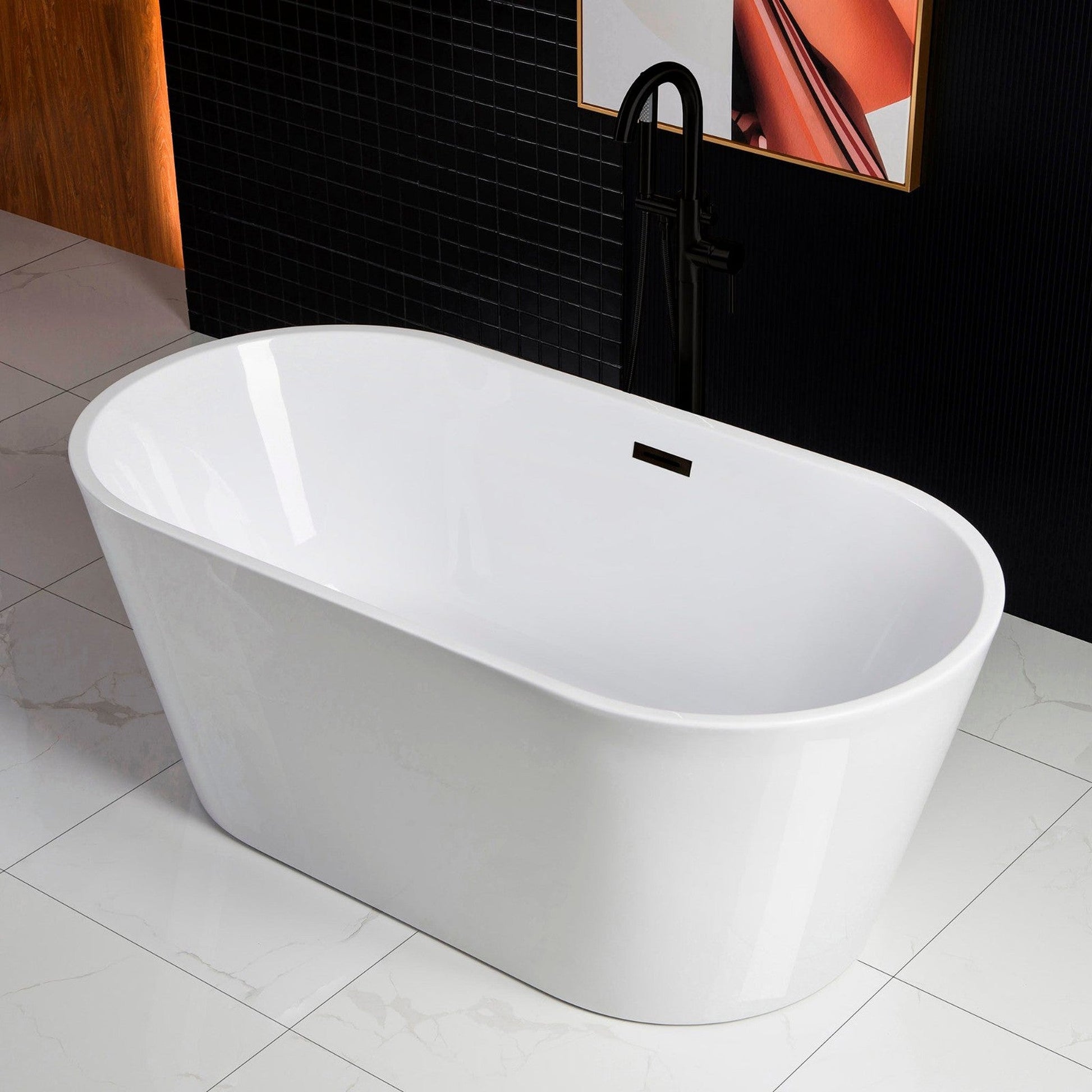 WoodBridge B0014 59" White Acrylic Freestanding Soaking Bathtub With Matte Black Drain, Overflow, F0006MBRD Tub Filler and Caddy Tray