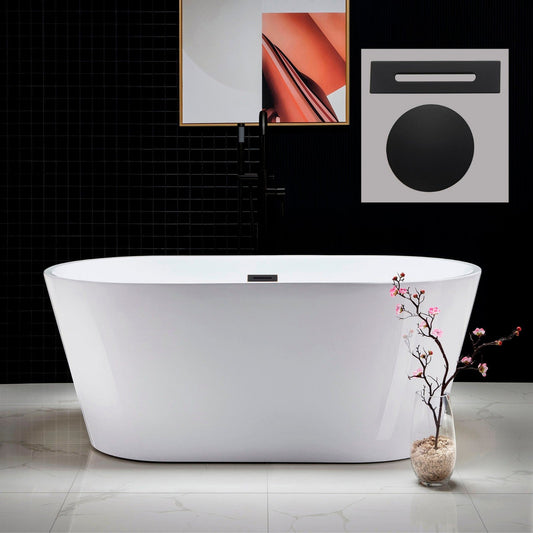 WoodBridge B0014 59" White Acrylic Freestanding Soaking Bathtub With Matte Black Drain, Overflow, F0025MBRD Tub Filler and Caddy Tray